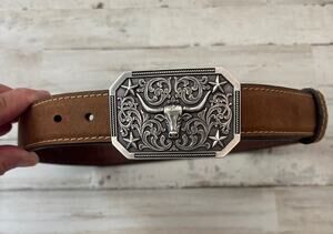 Leather Kid's Brown Western Longhorn Buckle Belt sz 24